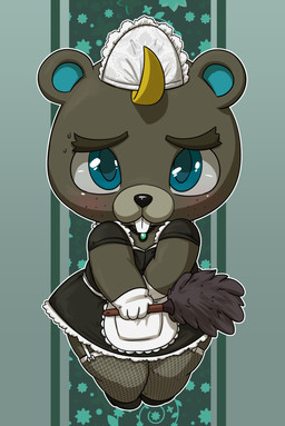 anthro blonde_hair blue_eyes buckteeth chibi cleaning_tool clothing embarrassed feather_duster fishnet_clothing freckles gloves hair handwear maid_uniform male solo teeth uniform lkiws animal_crossing nintendo c.j._(animal_crossing) beaver mammal rodent absurd_res hi_res