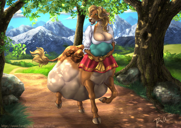 belly big_belly blonde_hair blue_sky brown_body brown_nose brown_tail closed_smile clothed clothing day eyelashes female female_taur grass green_eyes grey_horn hair horn huge_belly lips mountain mouth_closed narrowed_eyes outside plant rock sky smile solo tail tail_tuft tan_body text thick_lips tree tuft vore yellow_tail rufciu bovid bovid_taur bovine bovine_taur cattle cattle_taur mammal mammal_taur taur 2025 dated hi_res signature url