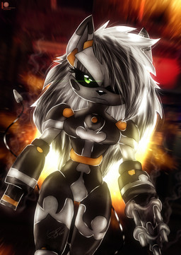 anthro arm_cannon black_body black_hair breasts featureless_breasts featureless_crotch female frowning_at_viewer gatling_gun golden_markings green_eyes gun gun_arm gun_smoke hair looking_at_viewer machine machine_gun medium_breasts metallic_body minigun multicolored_body multicolored_hair nude one_eye_obstructed patreon_logo pointy_ears ranged_weapon smoke smoking_gun solo tail thin_tail two_tone_body two_tone_hair weapon weapon_arm white_body white_hair bluewolfartista patreon thetis_(bonjolasermaster) android robot absurd_res hi_res signature watermark