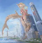 4_toes aircraft alternate_species anthro arched_back athletic athletic_anthro athletic_female backless_clothing backless_swimsuit bedroom_eyes big_breasts big_butt biped blonde_hair blue_eyes boat breast_squish breasts bridge brown_body brown_skin building bulging_breasts butt car city claws clothed clothing cloud countershade_torso countershading day destruction ear_piercing falling_object feet female fin fish_tail glowing glowing_jewelry glowing_necklace grin hair helicopter hindpaw jewelry knife_sheath landscape_dwarfing leaning leaning_forward leaning_on_object lens_flare light long_hair looking_aside looking_at_viewer looking_down looking_down_at_viewer low-angle_view macro markings narrowed_eyes necklace nipple_outline notched_fin one-piece_swimsuit open-back_swimsuit orange_clothing orange_swimwear outside paws piercing plant pose rear_view red_clothing red_swimwear reflection road sailing_boat sailing_watercraft scabbard sea seductive sharp_teeth side_cut side_view sky skyscraper smile smiling_at_viewer smirk smirking_at_viewer solo splash spots spotted_body spotted_skin squish standing straps street_lamp striped_body striped_markings striped_skin striped_tail stripes sunlight swimwear tail tail_fin tail_markings tan_body tan_skin teeth thick_thighs thigh_strap tight_clothing tight_swimwear toes tree truck_(vehicle) vehicle water watercraft wet wet_tail scream_(artist) alessandra_(scream) fish marine shark colored digital_media_(artwork) hi_res pinup