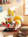 anthro big_eyes big_head biped black_nose blue_eyes book clothing day dipstick_tail footwear fur gloves handwear inside light male markings multi_tail multicolored_tail sitting smile solo sunlight tail tail_markings text toony white_body white_fur window yellow_body yellow_fur akusuru sega sonic_the_hedgehog_(series) miles_prower canid canine fox mammal absurd_res english_text hi_res