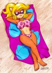 anthro beach bedding big_breasts bikini black_nose blanket blonde_hair blue_spots breasts clothed clothing crossed_legs curled_hair eyewear female fur hair lipstick long_hair lying makeup navel nipple_outline on_back orange_body orange_fur outside pink_bikini pink_clothing pink_swimwear polka_dot_bikini polka_dots ponytail purple_spots sand seaside smile solo spots sunbathing sunglasses swimwear text two-piece_swimsuit zaboom activision crash_bandicoot_(series) coco_bandicoot bandicoot mammal marsupial 2020 digital_media_(artwork) english_text