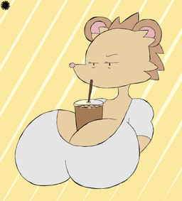anthro between_breasts big_breasts breasts cheek_tuft clothing coffee_cup container cup drinking drinking_straw eyelashes facial_tuft female fur huge_breasts inner_ear_fluff logo narrowed_eyes shirt solo spherical_breasts tan_body tan_fur text topwear tuft thatdawgmurray natural_habitat_shorts lisa_(natural_habitok) eulipotyphlan hedgehog mammal aliasing artist_logo artist_name digital_media_(artwork) hi_res signature