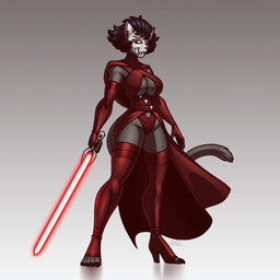 anthro black_hair breasts butt claws clothing female hair holding_lightsaber lightsaber looking_at_viewer melee_weapon red_eyes red_lightsaber short_hair sith solo tail weapon blazbaros star_wars alien alien_humanoid cathar felid feline humanoid mammal 1:1 hi_res