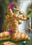 anthro big_pupils breasts butt clothing female flower looking_back nipples non-mammal_breasts nude orange_body orange_scales outside plant pupils purple_eyes scales sitting smile solo sponge swimwear tail tan_body tan_scales teal_sclera waterfall ultraviolet reptile scalie snake 2019 digital_media_(artwork)