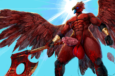 abs anthro axe balls big_balls big_penis blood blood_on_hand blood_on_leg blood_on_weapon blue_eyes blue_mouth blue_tongue bodily_fluids cuff_(restraint) erection executioner feathered_wings feathers foreskin genital_fluids genitals glowing glowing_eyes holding_object holding_weapon humanoid_genitalia humanoid_penis light low-angle_view male muscular muscular_male nipples no_pupils nude pecs penis pink_penis precum red_body red_feathers restraints sky solo spread_wings sun sunlight tongue weapon wings wrist_cuffs jeffusherb european_mythology greek_mythology mythology xjal avian mythological_avian mythological_bird mythological_creature mythological_firebird phoenix aliasing digital_media_(artwork)