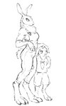 age_difference annoyed anthro bottomwear clothing digitigrade duo female hand_on_head looking_aside male neck_tuft older_female shirt shorts simple_background suspenders t-shirt topwear tuft younger_male hotchkisstank lagomorph leporid mammal rabbit 2022 monochrome