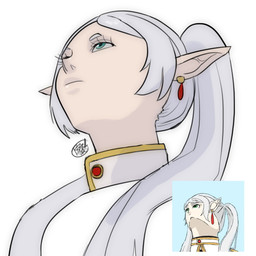 clothed clothed_female clothed_humanoid clothing ear_piercing eyebrows eyelashes female female_humanoid gem green_eyes grey_eyebrows grey_hair hair humanoid_pointy_ears jacket lidded_eyes light lips long_hair low-angle_view mouth_closed not_furry piercing pigtails pointy_ears ruby_(gem) simple_background solo tan_body tan_lips tan_skin topwear white_background white_clothing white_jacket white_topwear bleyerart frieren_beyond_journey's_end frieren_looking_up frieren elf humanoid 1:1 2025 absurd_res bust_portrait digital_drawing_(artwork) digital_media_(artwork) english_description hi_res lighting portrait redraw reference_image shaded signature