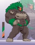 abs anthro arm_tuft biceps big_arms big_biceps big_muscles big_pecs body_tuft brown_body brown_fur brown_hair featureless_crotch feet fur green_hair hair humanoid_pointy_ears leg_tuft long_hair looking_at_viewer male multicolored_body muscular muscular_arms muscular_legs nipples orange_eyes orange_mouth palette pecs pointy_ears pose serratus solo triceps tuft valentinesartx nintendo pokemon ape generation_8_pokemon gorilla haplorhine mammal pokemon_(species) primate rillaboom big_body hi_res