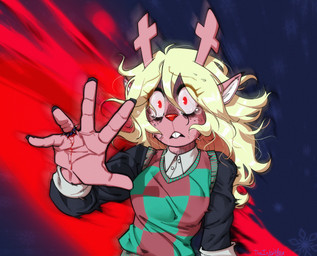 5_fingers anthro antlers black_fingernails black_nails blonde_hair blood bodily_fluids brown_body brown_freckles brown_fur buckteeth clothed clothing colored_nails crying female fingernails fingers freckled_face freckles fur hair horn mind_control nails red_eyes red_nose ring_(jewelry) snowgrave solo tears teeth thorn_ring naughtyjester cc-by-nc creative_commons deltarune undertale_(series) noelle_holiday deer mammal new_world_deer reindeer 2025 hi_res