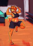 anthro athletic_wear big_breasts blurred_background bottomwear breasts claws clothing curled_tail eyes_closed female flexing flexing_bicep flexing_both_biceps fur gym hair inner_ear_fluff multicolored_body multicolored_fur navel on_one_leg orange_body orange_fur orange_hair raised_leg side_boob solo standing tail tan_body tan_fur thick_thighs toe_claws topwear tuft wide_hips ceeytin koki_(ceeytin) canid canine canis domestic_dog mammal shiba_inu spitz 2025 absurd_res digital_media_(artwork) hi_res shaded