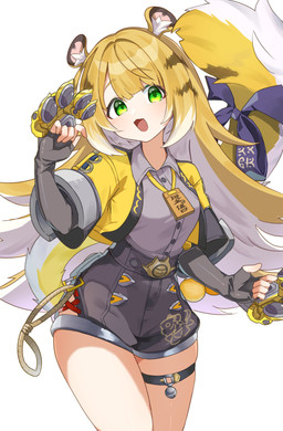 accessory animal_ears belt black_bottomwear black_clothing black_shorts blonde_hair bottomwear claw_(weapon) clothed clothing collared_shirt cute_fangs dress_shirt fangs female fluffy_ears furgonomics green_eyes grey_dress_shirt hair jacket long_hair looking_at_viewer markings melee_weapon open_clothing open_jacket open_mouth open_topwear ribbons shirt shorts simple_background solo standing striped_hair striped_markings striped_tail stripes tail tail_accessory tail_markings tail_ribbon teeth topwear weapon white_background white_hair syy_gv mihoyo zenless_zone_zero ju_fufu animal_humanoid felid felid_humanoid humanoid mammal mammal_humanoid pantherine pantherine_humanoid thiren tiger_humanoid absurd_res hi_res