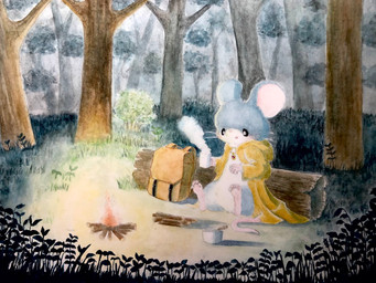 ambiguous_gender anthro backpack biped black_eyes blue_body blue_fur campfire chibi clothed clothing coat detailed_background feet fire forest fur grass log nature nature_background night outside plant semi-anthro sitting solo toes topwear tree whiskers white_body white_fur wood fusau mammal mouse murid murine rodent 2023 4:3 detailed hi_res traditional_media_(artwork)