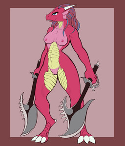 3_toes anthro axe barbarian battle_axe blue_eyes breasts claws feet female fin genitals head_fin horn melee_weapon nipples non-mammal_breasts nude pink_body pink_scales scales solo standing toes ventral_scales vulva weapon xzorgothoth dungeons_and_dragons hasbro wizards_of_the_coast dragonborn_(dnd) reptile scalie absurd_res hi_res