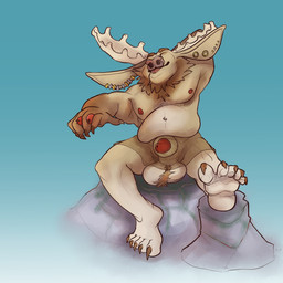 anthro antlers balls beard belly big_balls big_ears big_penis claws ear_piercing ear_ring facial_hair feet food foot_fetish fruit fur genitals horn humanoid_feet male mane nipples penis piercing plant plantigrade ring_piercing rock slightly_chubby smile solo toe_claws matthewstiffer deer mammal 1:1 hi_res