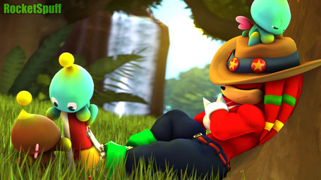 against_natural_surface against_surface against_tree anthro clothed clothing cowboy_hat crossed_arms forest group hat headgear headwear male muscular muscular_male on_model plant sleeping topless topless_male tree waterfall rocketspuff kabalmystic_(modeler) sega sonic_the_hedgehog_(series) knuckles_the_echidna chao_(sonic) echidna mammal monotreme 16:9 3d_(artwork) 4k absurd_res digital_media_(artwork) hi_res widescreen