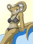 anthro bikini blue_eyes breasts clothed clothing female navel scales snake_hood solo swimwear tan_body tan_scales two-piece_swimsuit thelordoflemonz hoodwink cobra reptile scalie snake 3:4 hi_res