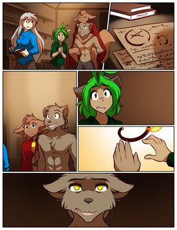 anthro anthrofied biped book border bottomwear breasts brown_body brown_fur brown_tail carrying_another clothed clothed_female clothed_human clothing collar collar_of_keidranification collar_tag eyes_closed faceless_anthro faceless_character faceless_male female fully_clothed fully_clothed_female fully_clothed_human fur green_hair grey_hair group hair inside interrupted_speech laugh male name_drop navel open_mouth piggyback simple_background smile tail topless topless_male topwear white_border yellow_eyes conditional_dnp tom_fischbach twokinds karen_taverndatter mrs._nibbly raine_silverlock sythe_(twokinds) animal_humanoid canid canine canis cat_humanoid felid felid_humanoid feline feline_humanoid human humanoid keidran mammal mammal_humanoid rodent sciurid tree_squirrel wolf 2026 adobe_photoshop_(artwork) comic digital_media_(artwork) hi_res