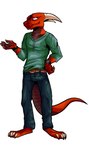 absurd_res anthro belt belt_buckle bottomwear bracelet buckle claws clock clothing dragon effarreturns european_mythology hand_on_hip hi_res horn jewelry male mythological_creature mythological_scalie mythology pants pawpads red_dragon scalie shirt simple_background solo tail topwear untucked_shirt watch western_dragon white_background xaldin