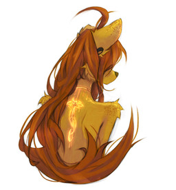 anthro biped female fur hair nude nude_anthro nude_female rear_view simple_background solo tattoo tinygaypirate apogee_(tinygaypirate) canid canine canis domestic_dog mammal hi_res