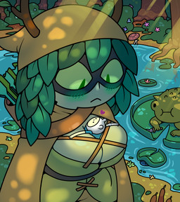 3_fingers ambiguous_gender antlers arrow_(weapon) between_breasts big_breasts blush bottomwear breasts cape cloak clothed clothing dagger detailed_background dot_eyes female feral fingers green_body green_eyes green_skin group hat headgear headwear heart_symbol horn interspecies leaf leaf_hair lily_pad male male/female mask mechanical_arm melee_weapon micro not_furry plant plant_hair pond pseudo_hair ranged_weapon shirt simple_eyes smile toony topwear tree tunic weapon wearing_mask discount-supervillain adventure_time cartoon_network finn_the_human huntress_wizard amphibian elemental_creature elemental_humanoid flora_fauna frog human humanoid mammal plant_humanoid toad_(frog) digital_media_(artwork) hi_res