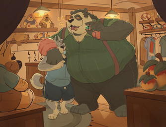 anthro arm_around_shoulder blue_bottomwear blue_clothing blue_shorts blue_topwear bottomwear clothed clothing duo front_view fur gem green_clothing green_topwear grey_body grey_bottomwear grey_clothing grey_fur grey_pants holding_gem holding_object inside male male_anthro obese obese_anthro obese_male open_mouth overweight overweight_anthro overweight_male pants plushie shorts standing topwear white_body white_fur chocolateandmilk canid canine mammal species_request hi_res