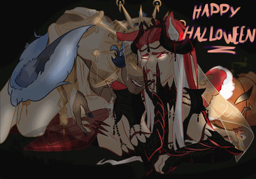 bite_mark blue_body blue_fur blue_hair bodily_fluids clothing costume cum cum_drip dripping duo fangs frottage fur genital_fluids genitals hair halloween_costume holidays long_hair male male/male multicolored_body multicolored_fur penile penis penises_touching red_body red_fur red_hair sex smile smirk teeth saltdrip halloween bazberry_(saltdrip) milkshake_(saltdrip) animal_humanoid canid canid_humanoid canine canine_humanoid humanoid mammal mammal_humanoid wolf_humanoid animated