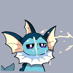 :< ambiguous_gender blue_body blue_skin bodily_fluids cum cum_drip cum_from_offscreen cum_on_face dot_nose dripping ear_fins feral fin frill_(anatomy) genital_fluids grey_background head_fin messy mouth_closed narrowed_eyes neck_frill pupils purple_eyes simple_background solo tail tired_eyes white_pupils plumflavor nintendo pokemon eeveelution generation_1_pokemon pokemon_(species) vaporeon 1:1 2025 digital_media_(artwork) hi_res shaded simple_shading