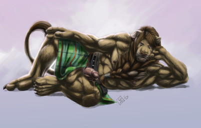 abs animal_genitalia anthro balls beard belt biceps big_penis biped blue_eyes bodily_fluids body_hair bottomwear braided_chest_hair brown_balls brown_claws brown_hair brown_sheath chest_hair claws clothed clothing erection facial_hair fur genital_fluids genitals glans hair humanoid_genitalia humanoid_penis kilt looking_at_viewer lying male muscular muscular_anthro muscular_male nipples on_side pattern_bottomwear pattern_clothing pattern_skirt pecs penis penis_poking_out pink_glans pink_penis plaid plaid_bottomwear plaid_clothing plaid_skirt pose pouch_(clothing) precum purple_background sheath sheath_poking_out simple_background skirt solo studded_belt studs tail tail_tuft tan_body tan_fur tartan_bottomwear topless tuft rrowdybeast felid lion mammal pantherine pinup