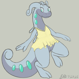 2_toes 3_fingers anthro big_tail clothed clothing countershading digitigrade dress dress_only eyelashes feet female fingers flat_chested front_view genitals green_eyes grey_body ineffective_clothing innie_vulva long_neck long_tail looking_aside multicolored_body no_underwear on_one_leg pokemorph purple_body purple_countershading purple_outer_labia purple_vulva simple_background smile snout solo standing sundress tail tan_background tapering_tail thick_tail thick_thighs toes two_tone_body vulva wide_hips yellow_clothing yellow_dress spe nintendo pokemon laeda generation_6_pokemon goodra mollusk pokemon_(species) scalie 1:1 2025 dated digital_drawing_(artwork) digital_media_(artwork) flat_colors hi_res procreate_(artwork) signature