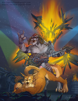 4_ears 4_horns ambiguous_penetration anthro anthro_on_anthro anthro_penetrated anthro_penetrating anthro_penetrating_anthro ass_up audience biped bodily_fluids bovid_horn bracelet brown_body brown_fur caprine_horn claws cum cum_inside devil_horns_(gesture) dewclaw digitigrade duo electric_guitar electronics fangs female female_anthro female_penetrated finger_claws fire flat_chested fur genital_fluids genitals gesture green_eyes grey_body grey_fur group guitar hand_gesture holding_string_instrument horn intraspecies jack-o'_pose jewelry male male/female male_anthro male_penetrating male_penetrating_female microphone multi_ear multi_horn musical_instrument nude nude_anthro nude_female nude_male on_stage orange_body orange_fur paws penetration penis performance plucked_string_instrument pose public public_sex ram_horn rock_out_with_your_cock_out sex string_instrument striped_body striped_fur stripes tan_body tan_fur teeth toe_claws yellow_eyes deeaquifolium guild_wars charr felid mammal 2025 digital_media_(artwork) hi_res