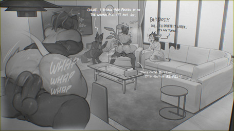 anthro balls being_watched biped breasts cellphone clothed clothing detailed_background dialogue electronics female female_penetrated furniture genitals group holding_cellphone holding_object holding_phone inside looking_at_another male male/female male_penetrating nude penetration penile penile_penetration penis phone sex sofa television text thick_thighs vaginal vaginal_penetration sincrescent hush_(demivo) zock bovid canid canine caprine mammal rodent 16:9 hi_res widescreen