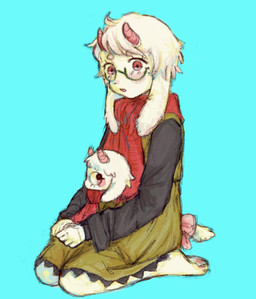 2_horns anthro barefoot black_sleeves blue_background clothed clothed_anthro clothing feet floppy_ears fully_clothed fully_clothed_anthro fur green_clothing horn kneeling lop_ears male pink_horn plushie seiza simple_background sitting solo white_body white_fur lambapostle deltarune undertale_(series) ralsei bovid caprine goat mammal 2026 hi_res