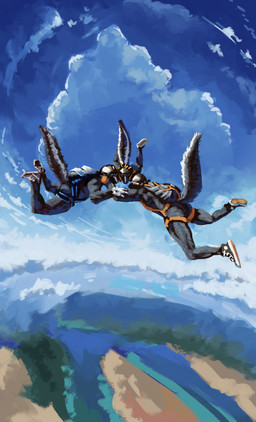 ambiguous_gender anthro armor backpack black_body black_fur butt clothed clothing cloud eyewear falling fluffy fluffy_tail footwear fur goggles group harness headgear helmet nude parachute partially_clothed shoes skydiving tail trio momamo mammal mephitid skunk 2022 absurd_res hi_res