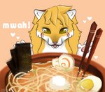 ambiguous_gender bowl container food fur noodles ramen solo white_body white_fur yellow_body yellow_fur lilcunyi tass_(tassy) felid hybrid liger lion mammal pantherine