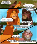 bird's-eye_view dialogue facial_scar feral group hair high-angle_view male mane mane_hair nude pride_rock pridelands scar text lalupine disney the_lion_king kovu_(the_lion_king) rylex_silvermane simba_(the_lion_king) felid feline lion mammal pantherine 5:6 comic english_text hi_res