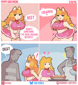 animal_ears big_breasts biped black_eyes blonde_hair blush bottomwear breasts clothed clothing cream_pie_(food) dialogue exclamation_point eyelashes faceless_character faceless_human faceless_male female food hair hearts_around_body huge_breasts long_hair looking_at_viewer male miniskirt misunderstanding navel pastry pie pink_clothing pupils size_difference skirt smile speech_bubble suggestive tail text thick_thighs tongue tongue_out topwear onigiri_punch animal_humanoid canid canid_humanoid canine canine_humanoid dog_humanoid human humanoid mammal mammal_humanoid absurd_res comic english_text hi_res