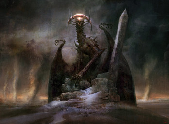 bone cloud horn looking_at_viewer male membrane_(anatomy) membranous_wings obelisk outside red_eyes rock skull skull_head solo standing tornado wings seb_mckinnon hasbro magic:_the_gathering mythology wizards_of_the_coast demon dragon monster monstrous_demon mythological_creature mythological_scalie scalie official_art