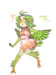 4_toes 5_fingers ahoge anisodactyl avian_feet breasts claws cleavage clothed clothing digitigrade dress feather_tuft feathered_wings feathers feet female fingerless_(marking) fingers flower front_view gloves_(marking) green_body green_eyes green_feathers green_hair hair heart_symbol humanoid_hands leg_markings leg_tuft looking_away looking_up markings open_mouth pink_clothing plant raised_leg ribbons short_dress short_hair simple_background small_breasts socks_(marking) solo spread_wings standing tail tail_feathers talons text toes tuft white_background white_body white_skin wings hanaface european_mythology greek_mythology mythology animal_humanoid avian avian_humanoid bird bird_humanoid harpy humanoid kakapo_humanoid mythological_avian mythological_creature parrot parrot_humanoid strigopoid strigopoid_humanoid winged_humanoid 2010 3:4 digital_media_(artwork) english_text full-length_portrait oekaki portrait