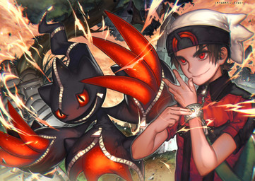 ambiguous_gender bag cemetery claws clothed clothing destruction duo grass grave hair hat headgear headwear key_stone_(pokemon) leaf magic male plant red_eyes smile tree zipper kawacy nintendo pokemon brendan_(pokemon) generation_6_pokemon ghost human humanoid mammal mega_banette mega_evolution pokemon_(species) spirit 2015 digital_media_(artwork)
