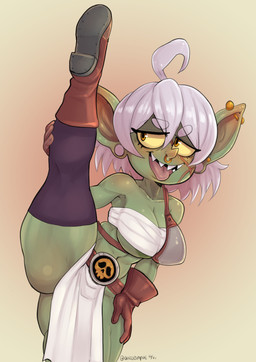 ahoge areola areola_slip big_breasts boots bottomwear breasts chest_wraps clothed clothing ear_piercing facial_piercing female flesh_tunnel flexible footwear gauged_ear gloves green_body green_skin hair handwear humanoid_pointy_ears industrial_piercing legwear loincloth navel nose_piercing nose_ring not_furry on_one_leg one_leg_up open_mouth open_smile orange_eyes piercing pointy_ears pointy_nose purple_hair raised_leg ring_piercing scar septum_piercing septum_ring sharp_teeth shoes short_hair simple_background smile solo splits spread_legs spreading standing stockings teeth thick_thighs tongue tongue_out vertical_splits wide_hips wraps yellow_sclera nerdbayne cinna_(rrezz) goblin humanoid 2023 absurd_res hi_res signature