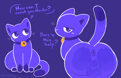 anus backsack balls bedroom_eyes bell bell_collar butt collar dialogue eyelashes feral floating_whiskers fur fur_markings genitals leg_markings looking_aside looking_at_viewer looking_back looking_back_at_viewer male markings mouthless narrowed_eyes presenting presenting_hindquarters pressing_against purple_body purple_fur quadruped raised_tail seductive socks_(marking) solo tail text whiskers fluffydasher proton_(company) lumo_(proton) domestic_cat felid feline felis mammal artist_name digital_drawing_(artwork) digital_media_(artwork) english_text signature