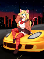 animated anthro blonde_hair blue_eyes car catblue01 city city_background clothed clothing eyewear female fur glasses hair hasmin hi_res high_framerate mammal midriff mouse murid murine no_sound open_mouth porsche porsche_carrera rockary rodent short_playtime solo vehicle webm white_body white_fur