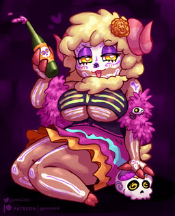 2_horns 3_fingers accessory anthro big_breasts blonde_hair bodypaint bone bottle breasts clothed clothing container curled_horn eyebrow_through_hair eyebrows eyelashes eyeshadow female fingers flower flower_in_hair hair hair_accessory holding_bottle holding_container holding_object holidays hooved_fingers hooves horn looking_at_viewer makeup plant purple_eyeshadow skeleton_bodypaint skull solo tail text translucent translucent_hair under_boob yellow_eyes gammainks day_of_the_dead flor_(gammainks) bovid caprine mammal sheep 2025 artist_name digital_media_(artwork) low_res