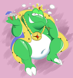 anthro belly bubble cloak cloak_only clothed clothing crown crown_only drunk drunk_bubble headgear headgear_only jewelry male mostly_nude navel necklace necklace_only nude overweight overweight_anthro overweight_male partially_clothed solo substance_intoxication umbrella_drink astralkettei mario_bros nintendo wart_(mario) amphibian frog hi_res