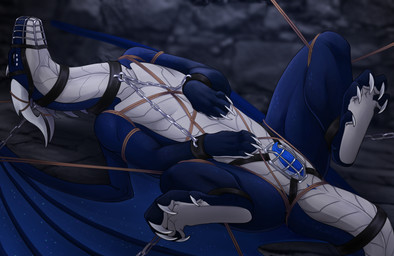 5_toes animal_genitalia animal_penis anus arms_tied bdsm blue_body blue_eyes bondage bound butt cage caged can't_reach chain chained chastity_belt chastity_device claws collar countershade_feet countershading cuff_(restraint) cuffs_to_collar digitigrade dungeon erection fantasy feet feral forced genital_slit genitals half-closed_eyes half-erect hindpaw horn leather leather_cuffs legs_tied looking_at_viewer lying male membrane_(anatomy) membranous_wings metal_chastity_belt muzzle_(object) muzzled narrowed_eyes on_back paws penile penis quadruped restraints rope rope_bondage rope_harness scales simple_background soles solo spread_legs spreading submissive submissive_male tail toe_claws toes ventral_scales wearing_chastity_belt wearing_chastity_device white_body wings enda_myx european_mythology mythology astrum_(adergstrum) dragon mythological_creature mythological_scalie reptile scalie western_dragon 2025 colored digital_drawing_(artwork) digital_media_(artwork) hi_res shaded