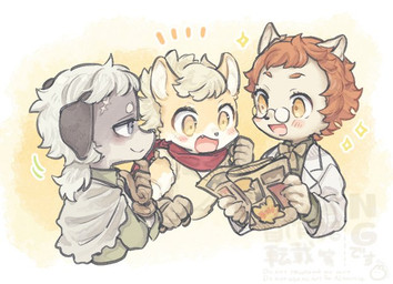 anthro blush bow_tie brown_body brown_fur brown_hair clothing coat eyewear fur glasses gloves grey_body grey_fur group hair handwear lab_coat male smile topwear trio white_hair young young_male yukinnko22 cyberconnect2 fuga:_melodies_of_steel little_tail_bronx britz_strudel hack_montblanc socks_million canid canine caninu canis domestic_dog mammal