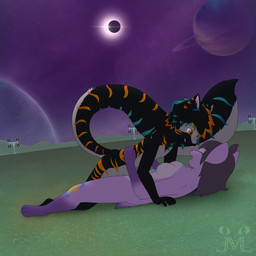 anthro belly big_tail black_body black_fur breasts brown_hair duo eclipse female female_penetrated from_front_position fur futuristic genitals hair happy happy_sex humanoid_genitalia humanoid_penis lying male male/female male_on_top male_penetrating male_penetrating_female medium_breasts missionary_position nipples on_back on_top orange_eyes penetration penis planet purple_body purple_fur sex short_tail solar_eclipse solar_panel space stripes tail tan_belly vaginal vaginal_penetration waist_grab yellow_eyes jm-luxro cassiopeia_zephyrine canid canine felid fox hybrid mammal pantherine space_badger tiger 1:1 absurd_res hi_res