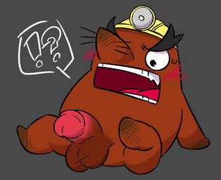 anthro armor balls brown_body exclamation_point genitals hard_hat headgear helmet kemono male open_mouth penis question_mark simple_background sitting slightly_chubby solo otkmdng animal_crossing nintendo mr._resetti eulipotyphlan mammal mole_(animal) 2026