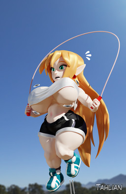 belly big_breasts bottomwear bouncing_breasts breast_jiggle breasts clothing crop_top detailed_background ear_piercing ear_ring exercise eyelashes female fingers freckles hair huge_breasts humanoid_pointy_ears jiggling jump_rope jumping light-skinned_female light_body light_skin long_hair midriff navel not_furry orange_hair outside piercing pointy_ears ring_piercing shirt shorts shortstack shortstack_female slightly_chubby solo teal_eyes text thick_thighs topwear under_boob wide_hips tahlian felicia_(tahlian) elf humanoid mammal 2021 3d_(artwork) artist_name blender_(artwork) digital_media_(artwork) hi_res watermark